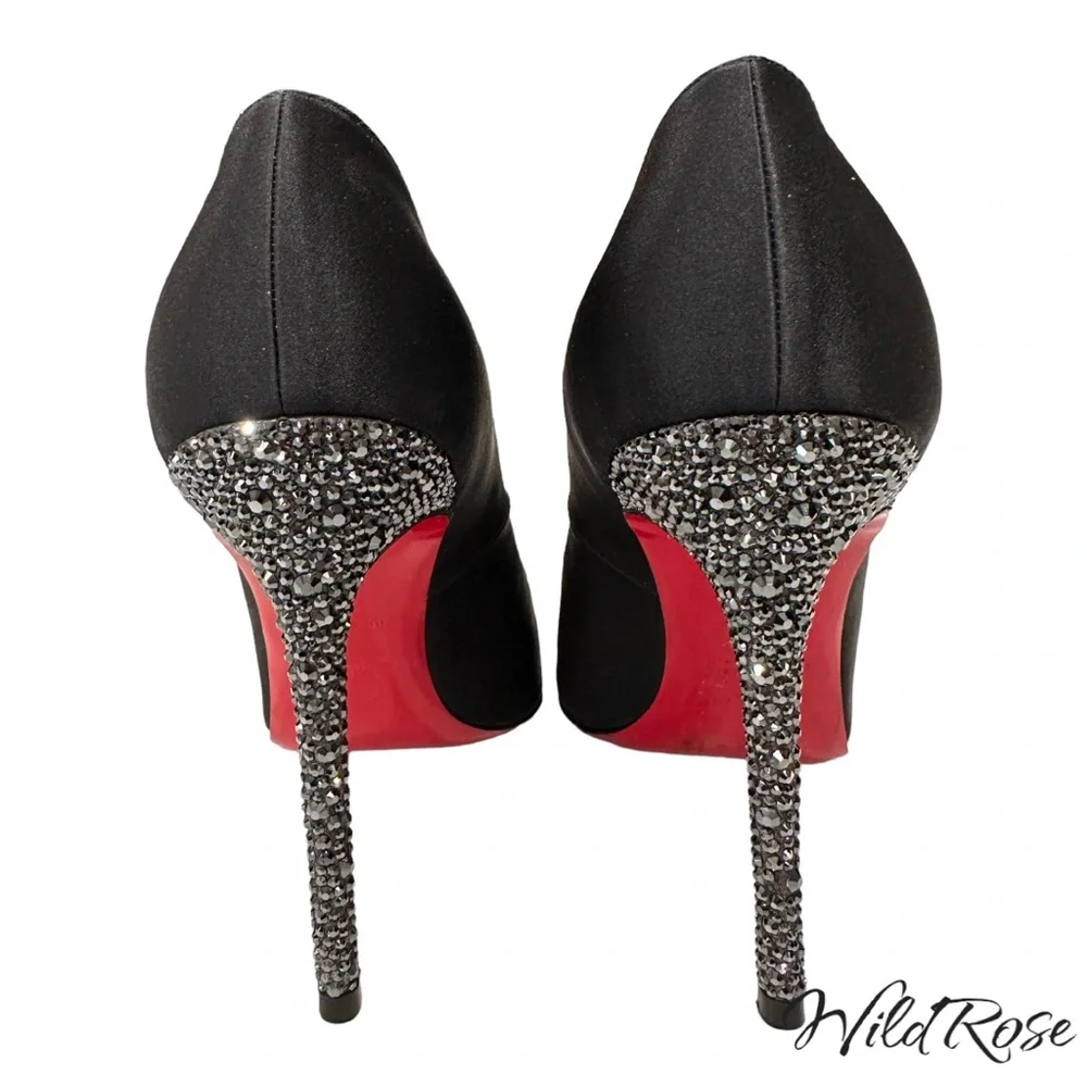 CHRISTIAN LOUBOUTIN Black Satin Rhinestone Embellished Heels SZ 38 - Picture 3 of 15